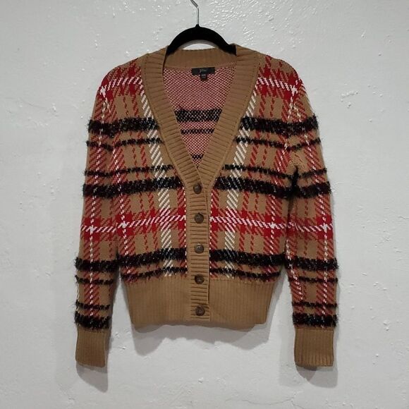 J Crew Cropped Merino Wool Blend Tartan Plaid Holiday Sweater Size XXS - Picture 1 of 9